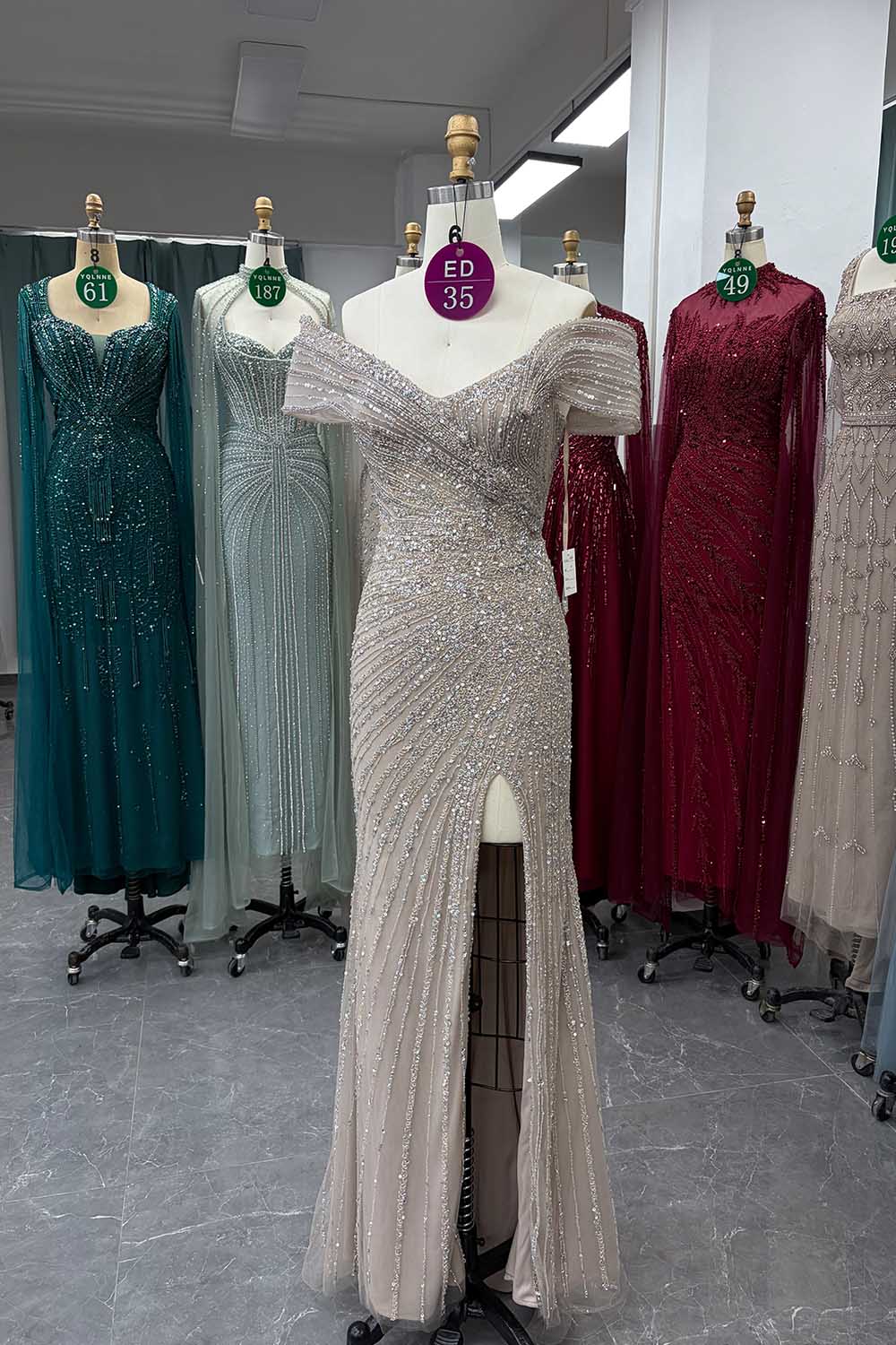 YQLNNE ED035 Off Shoulder Handmade Beaded Evening Dress Mermaid With Slit