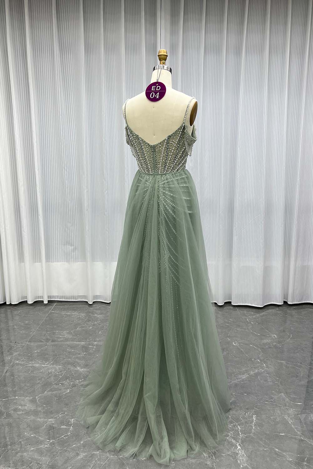 YQLNNE ED04 Sage Green Crystals Beaded Evening Dress With Removable Train