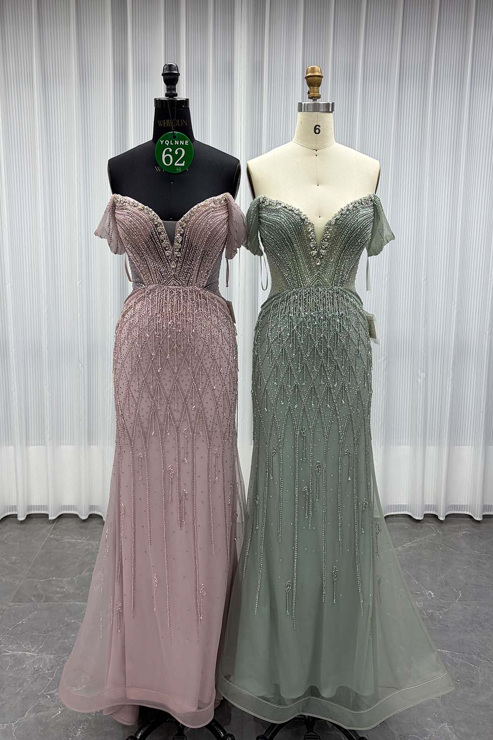 YQLNNE 062 Sage Crystals Mermaid Evening Dress Off the Shoulder