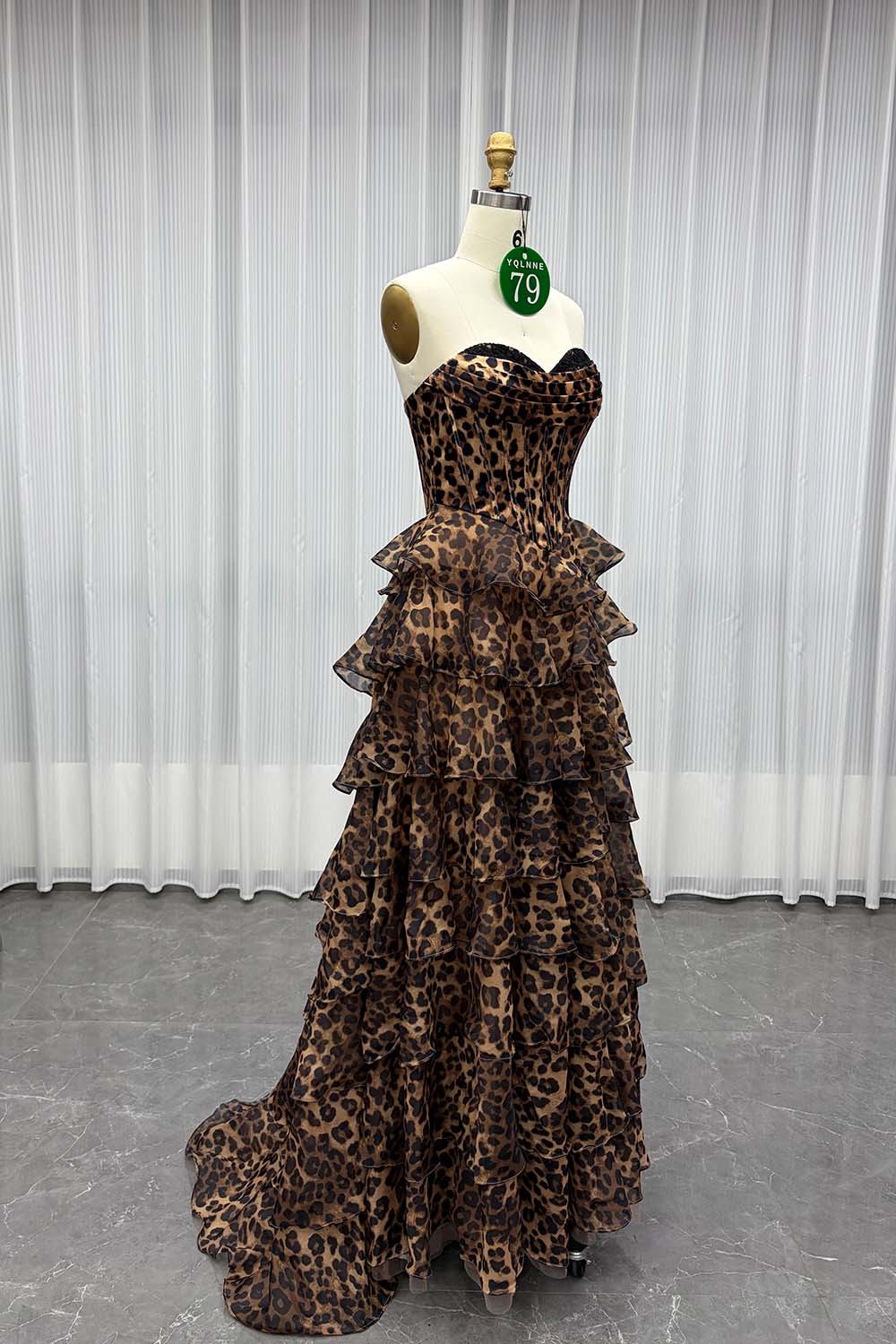 YQLNNE 079 Leopard Print Strapless Long Prom Dresses With Slit