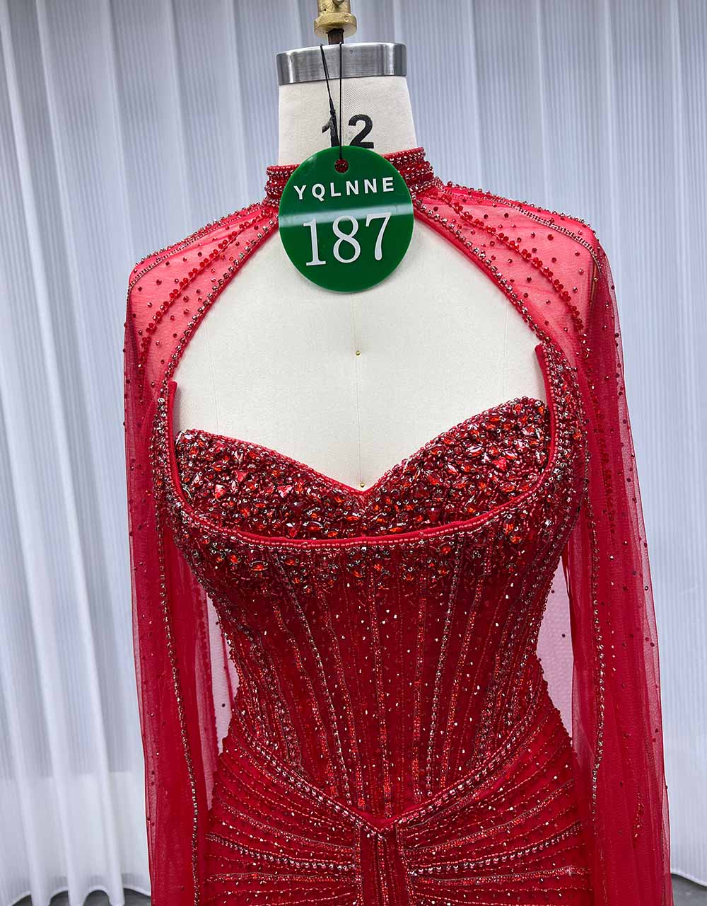YQLNNE 0187 Red Cap Sleeves Evening Dress Crystals Beaded Luxury Gown