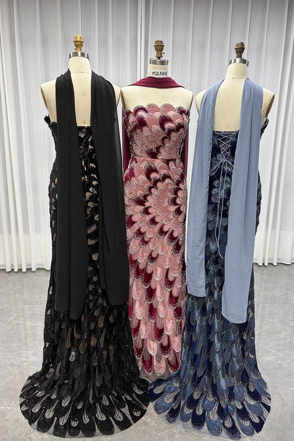YQLNNE YQ7006 Modest Black Beaded Evening Dress With Scarf