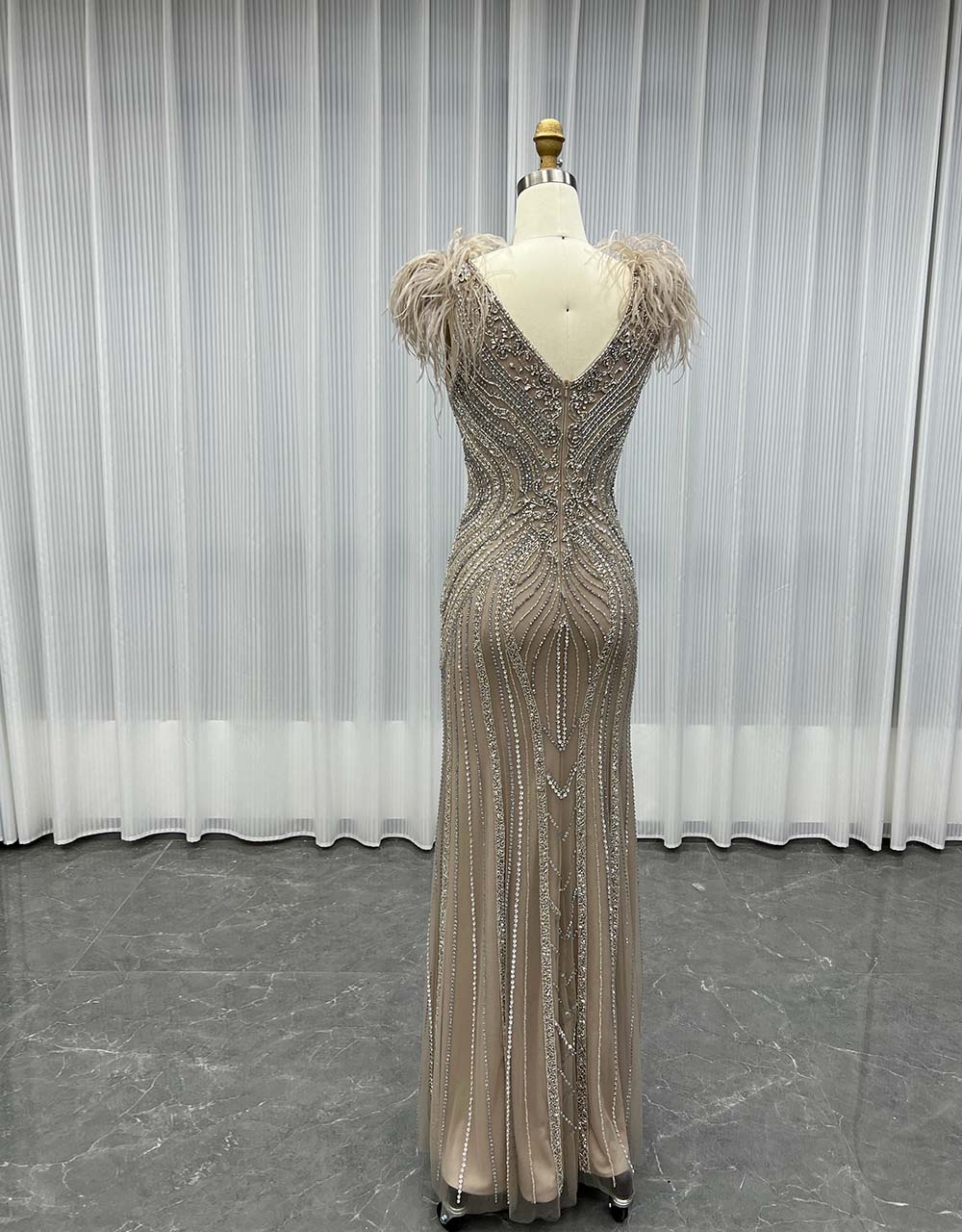 YQLNNE 0188 Luxury Mocha Feathers Crystals Evening Dress