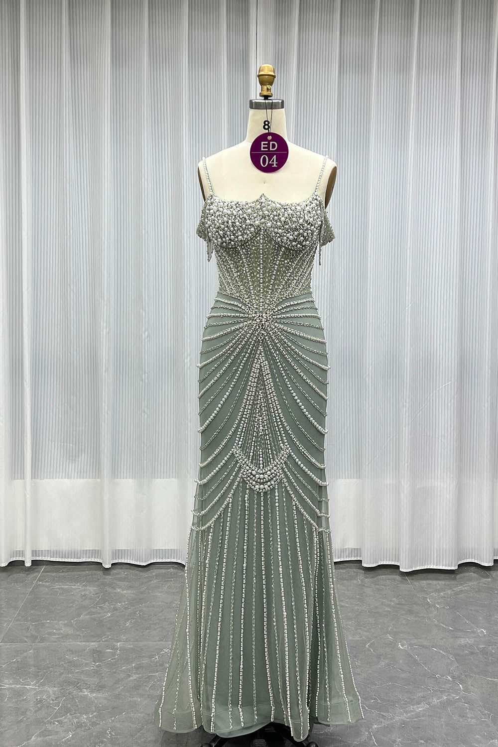 YQLNNE ED04 Sage Green Crystals Beaded Evening Dress With Removable Train