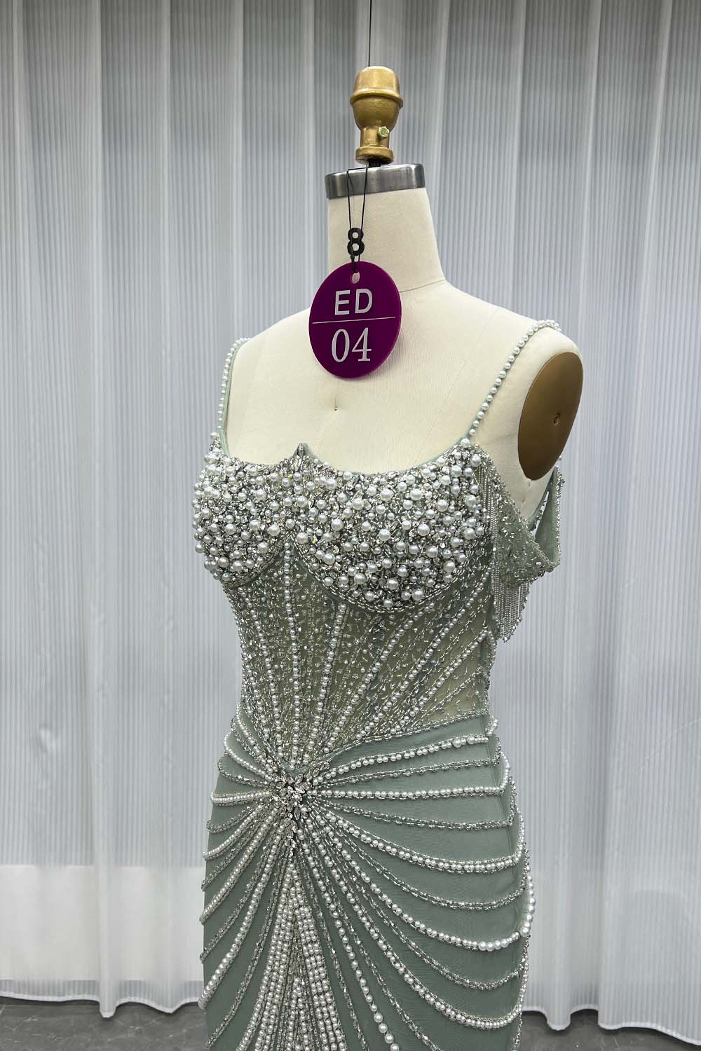 YQLNNE ED04 Sage Green Crystals Beaded Evening Dress With Removable Train