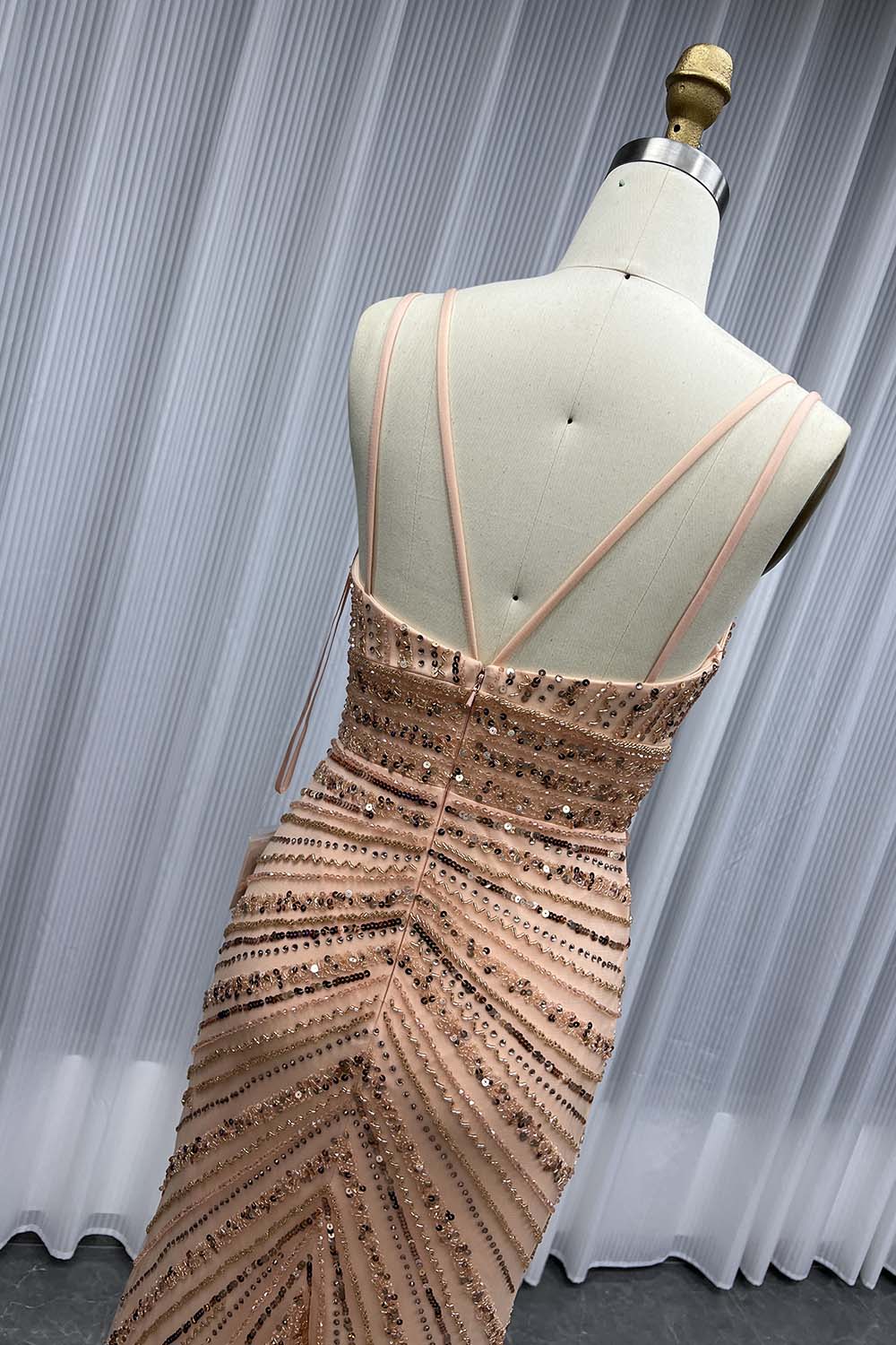 Sexy Gold Beaded High Slit Evening Dress Long Mermaid Formal Party Gown