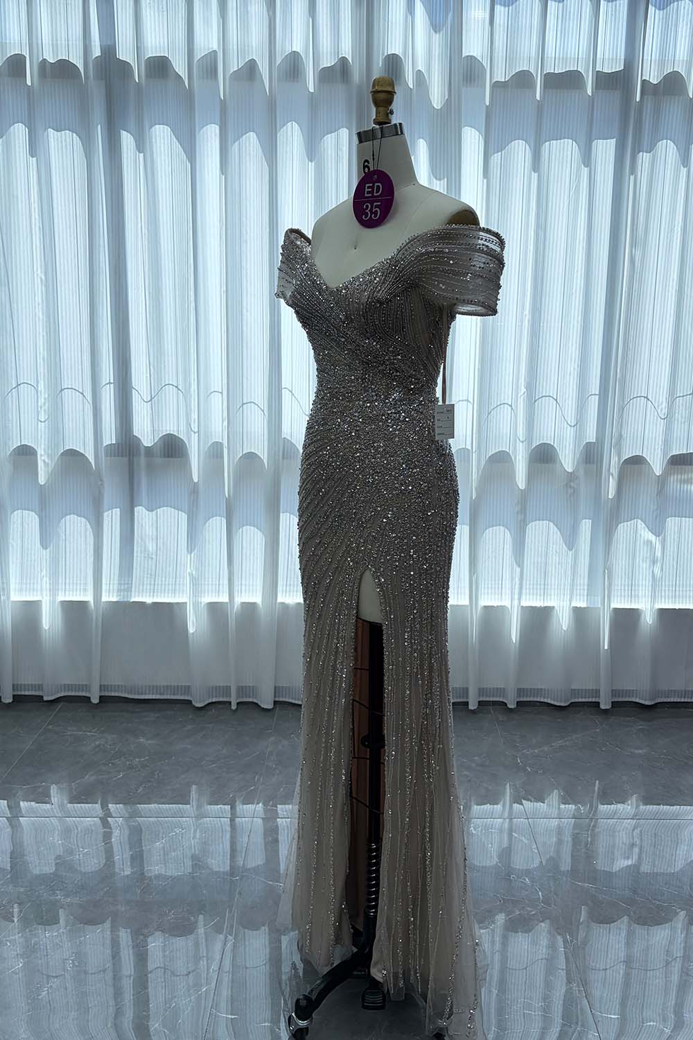 YQLNNE ED035 Off Shoulder Handmade Beaded Evening Dress Mermaid With Slit