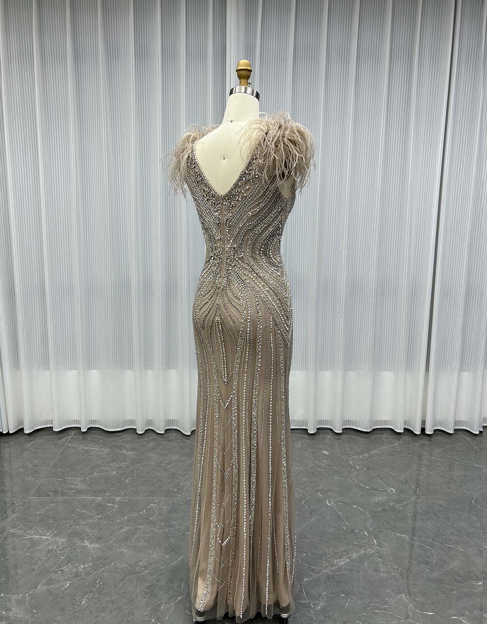 YQLNNE 0188 Luxury Mocha Feathers Crystals Evening Dress
