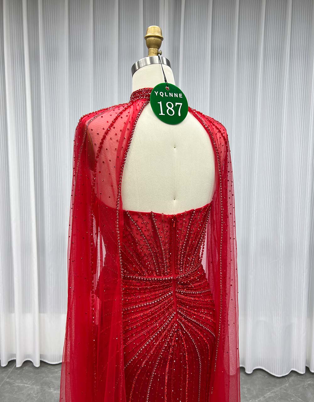 YQLNNE 0187 Red Cap Sleeves Evening Dress Crystals Beaded Luxury Gown