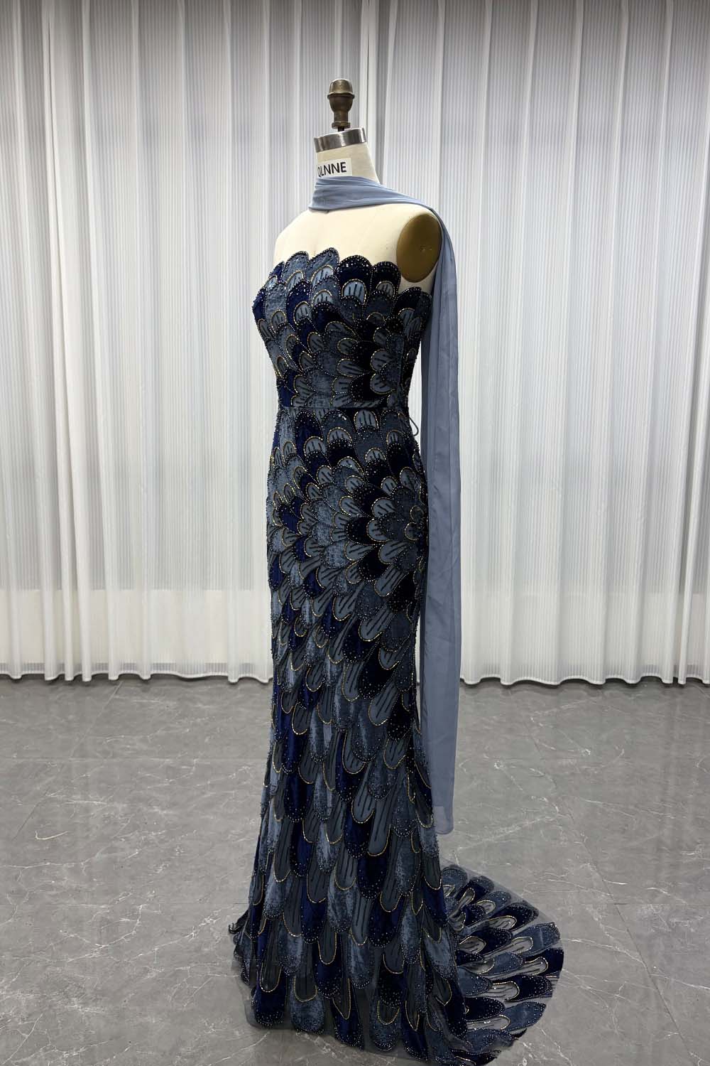 YQLNNE YQ7006 Modest Black Beaded Evening Dress With Scarf