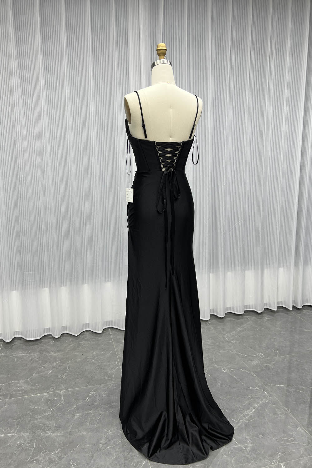 Unique Black Satin Slit Long Prom Dresses Strapless Lace-up Formal Party Dress