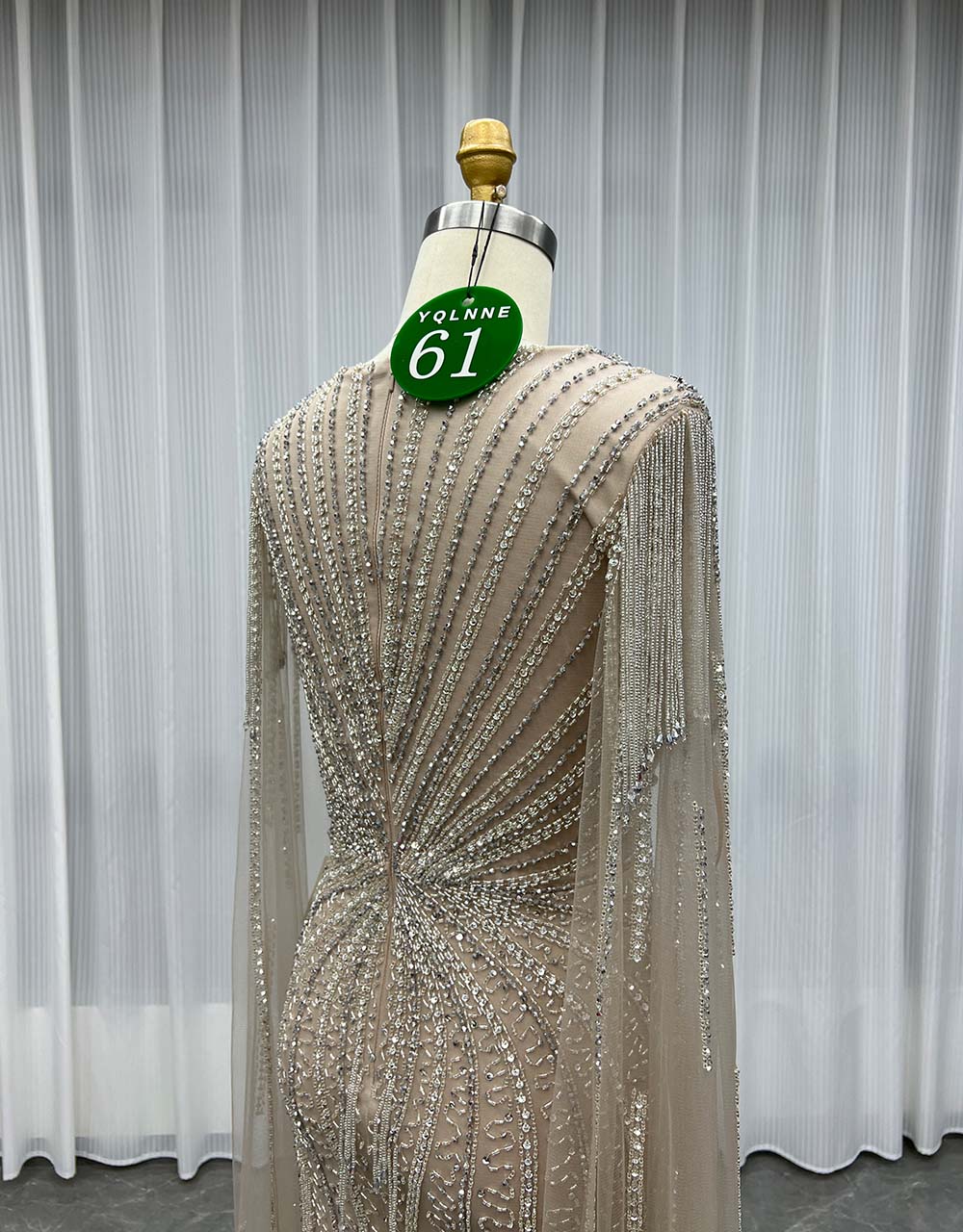 YQLNNE 061 Mocha Long Cap Sleeves Evening Dress With Handmade Crystals