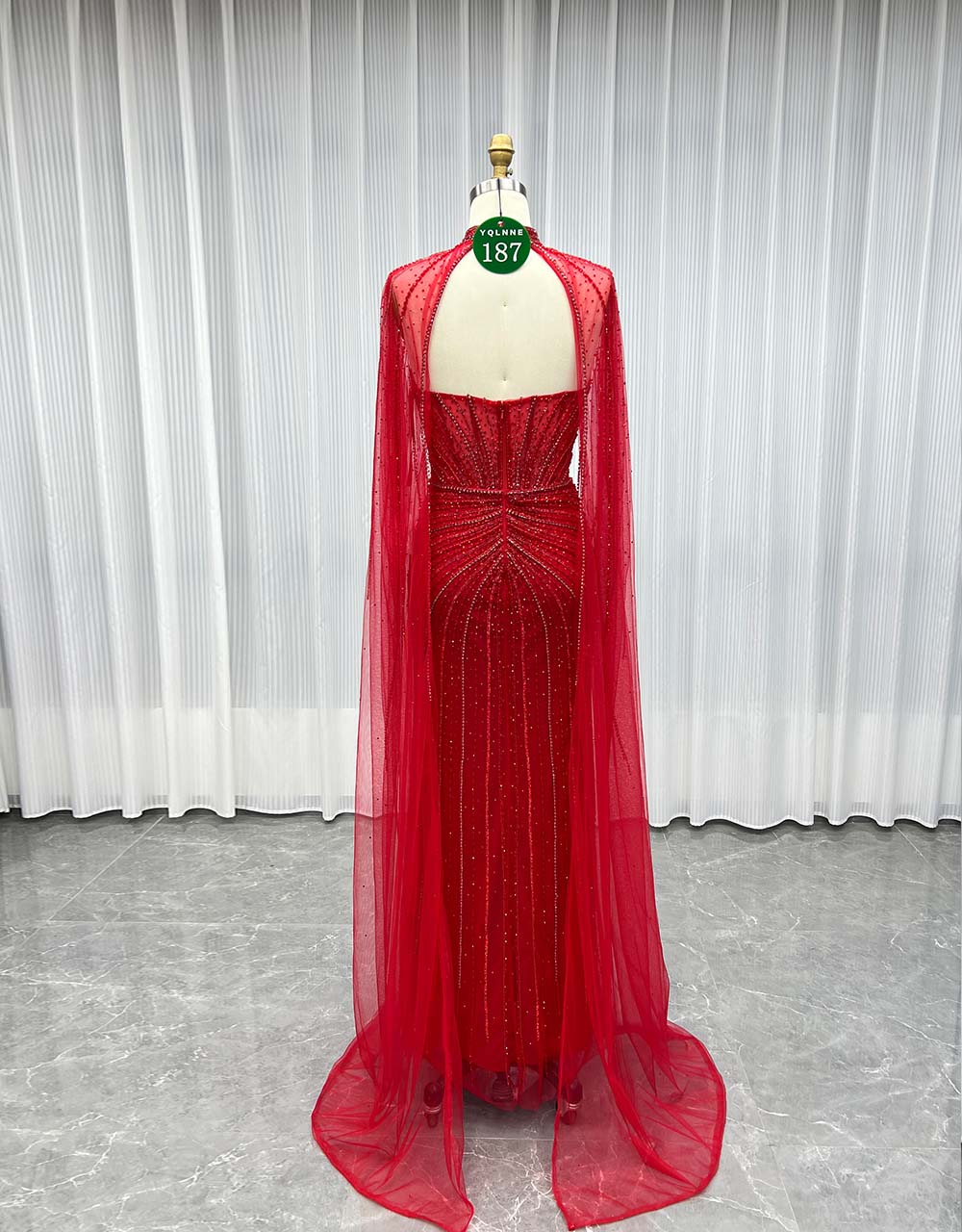 YQLNNE 0187 Red Cap Sleeves Evening Dress Crystals Beaded Luxury Gown