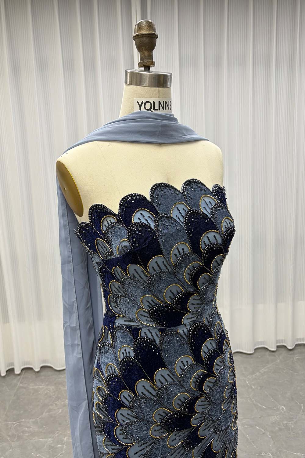 YQLNNE YQ7006 Modest Black Beaded Evening Dress With Scarf