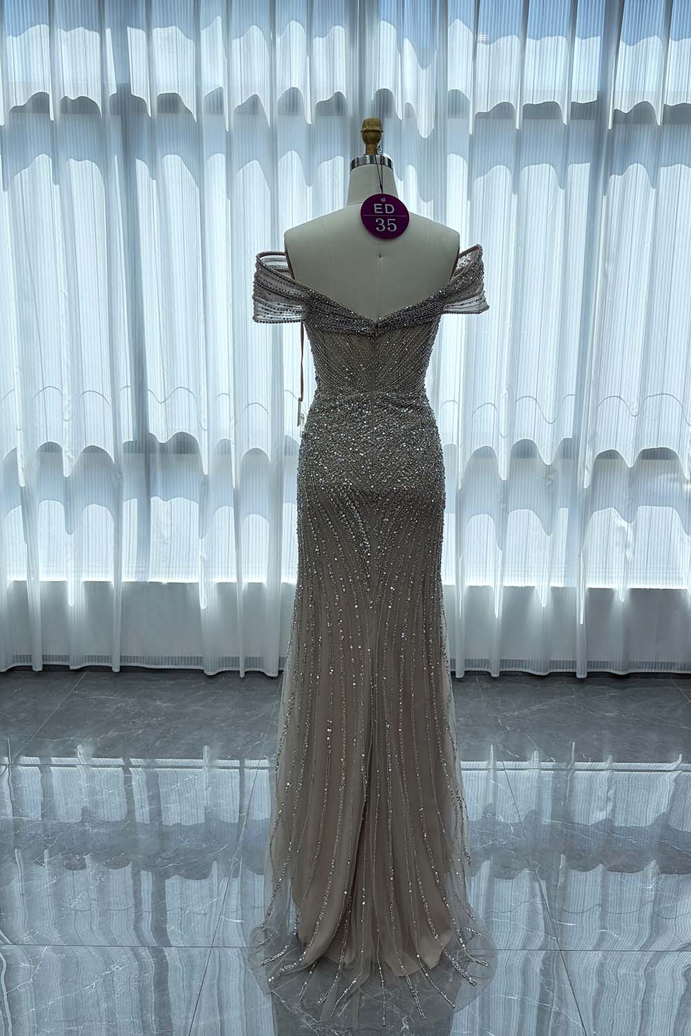 YQLNNE ED035 Off Shoulder Handmade Beaded Evening Dress Mermaid With Slit