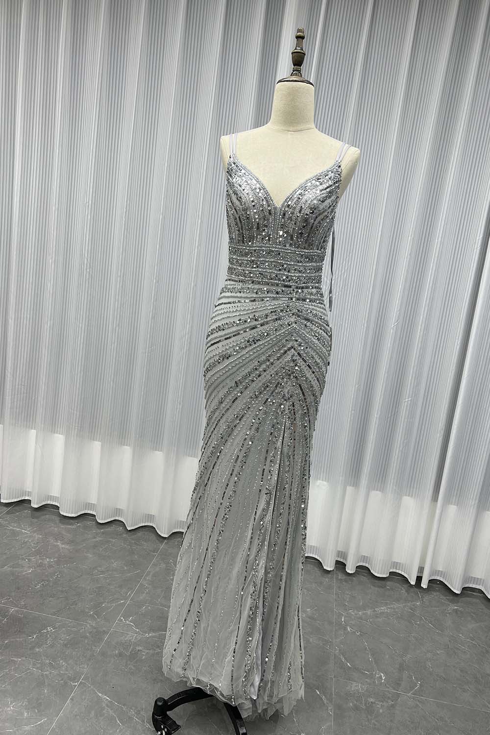 Sexy Gold Beaded High Slit Evening Dress Long Mermaid Formal Party Gown