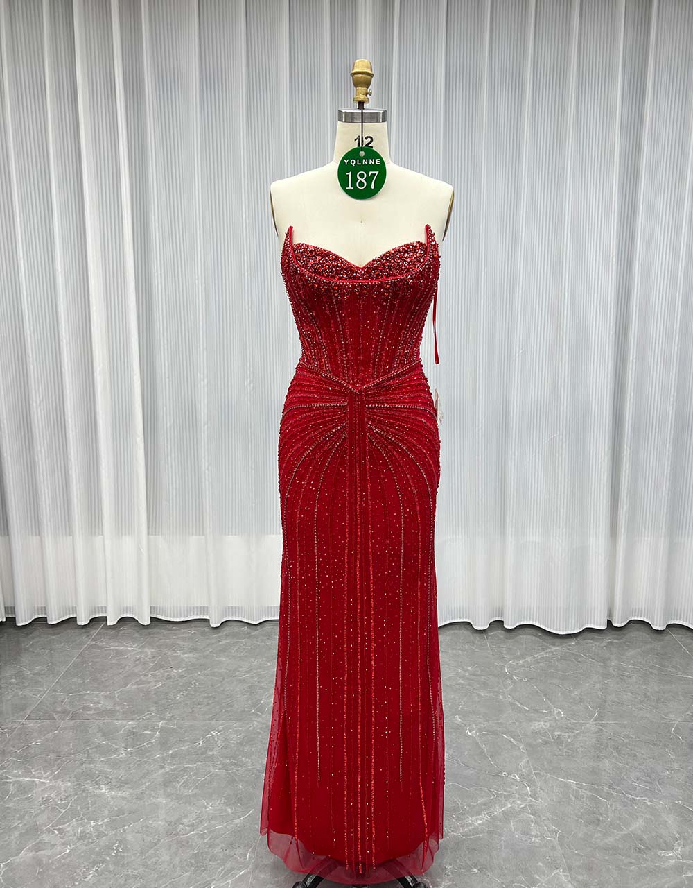 YQLNNE 0187 Red Cap Sleeves Evening Dress Crystals Beaded Luxury Gown