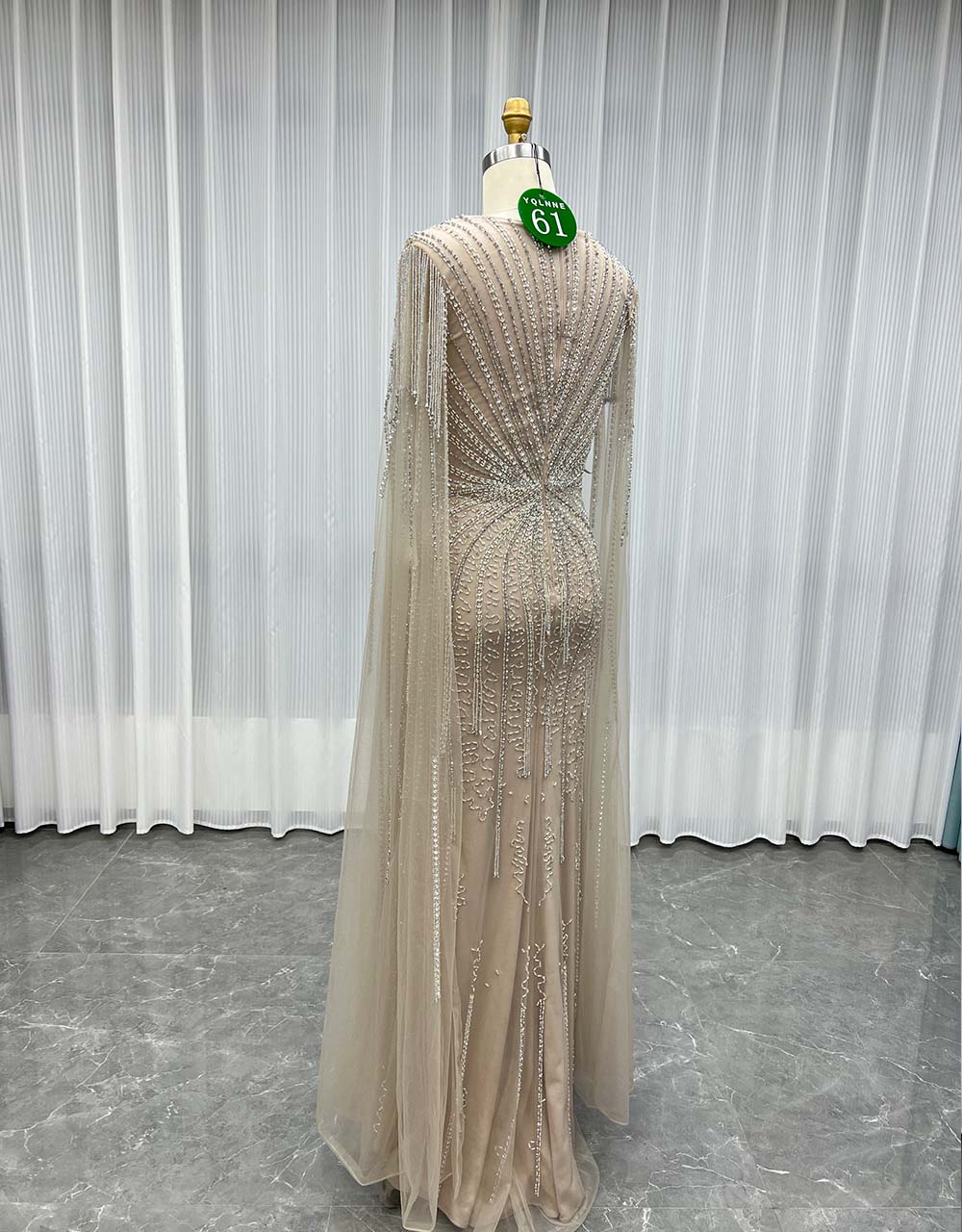 YQLNNE 061 Mocha Long Cap Sleeves Evening Dress With Handmade Crystals