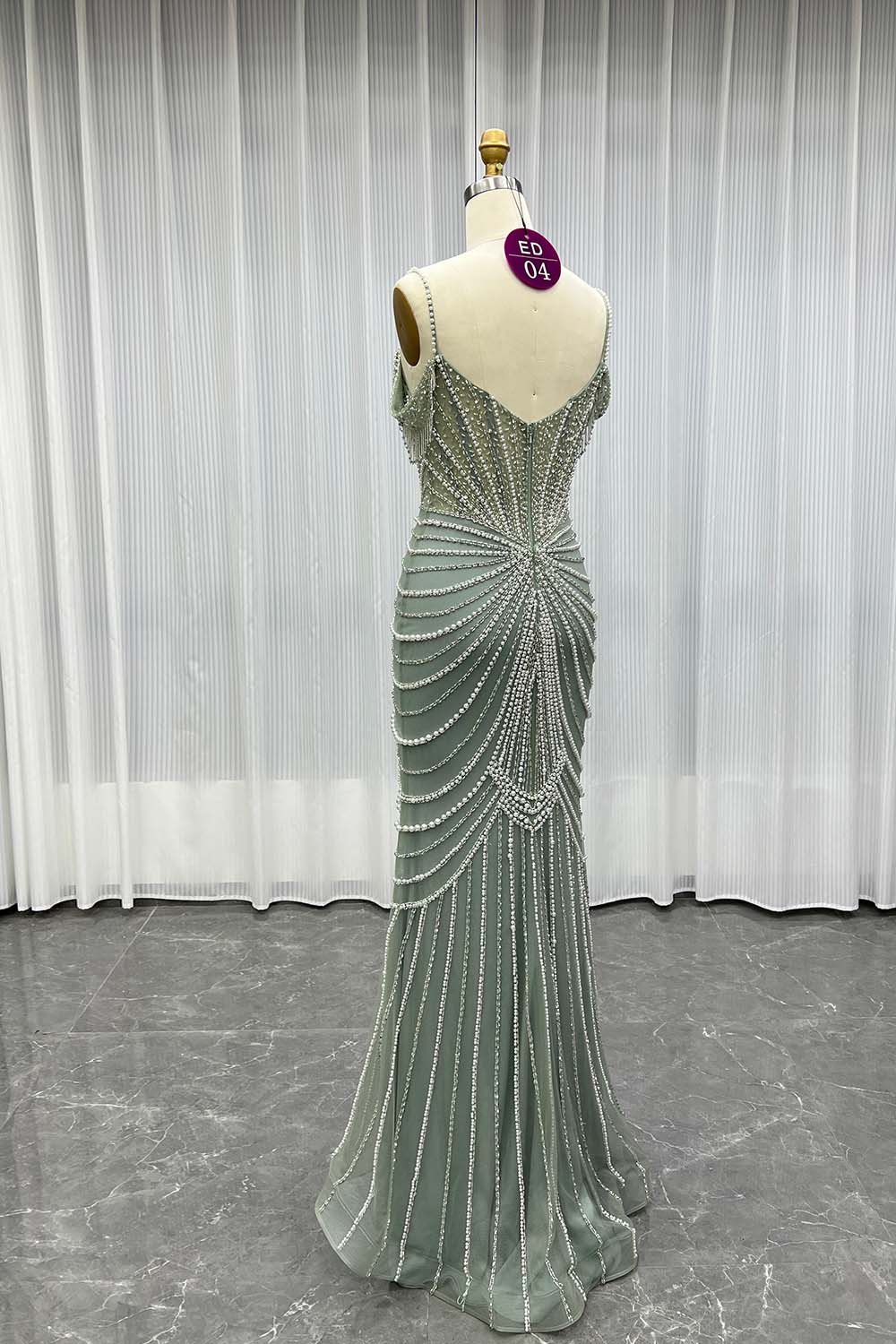 YQLNNE ED04 Sage Green Crystals Beaded Evening Dress With Removable Train
