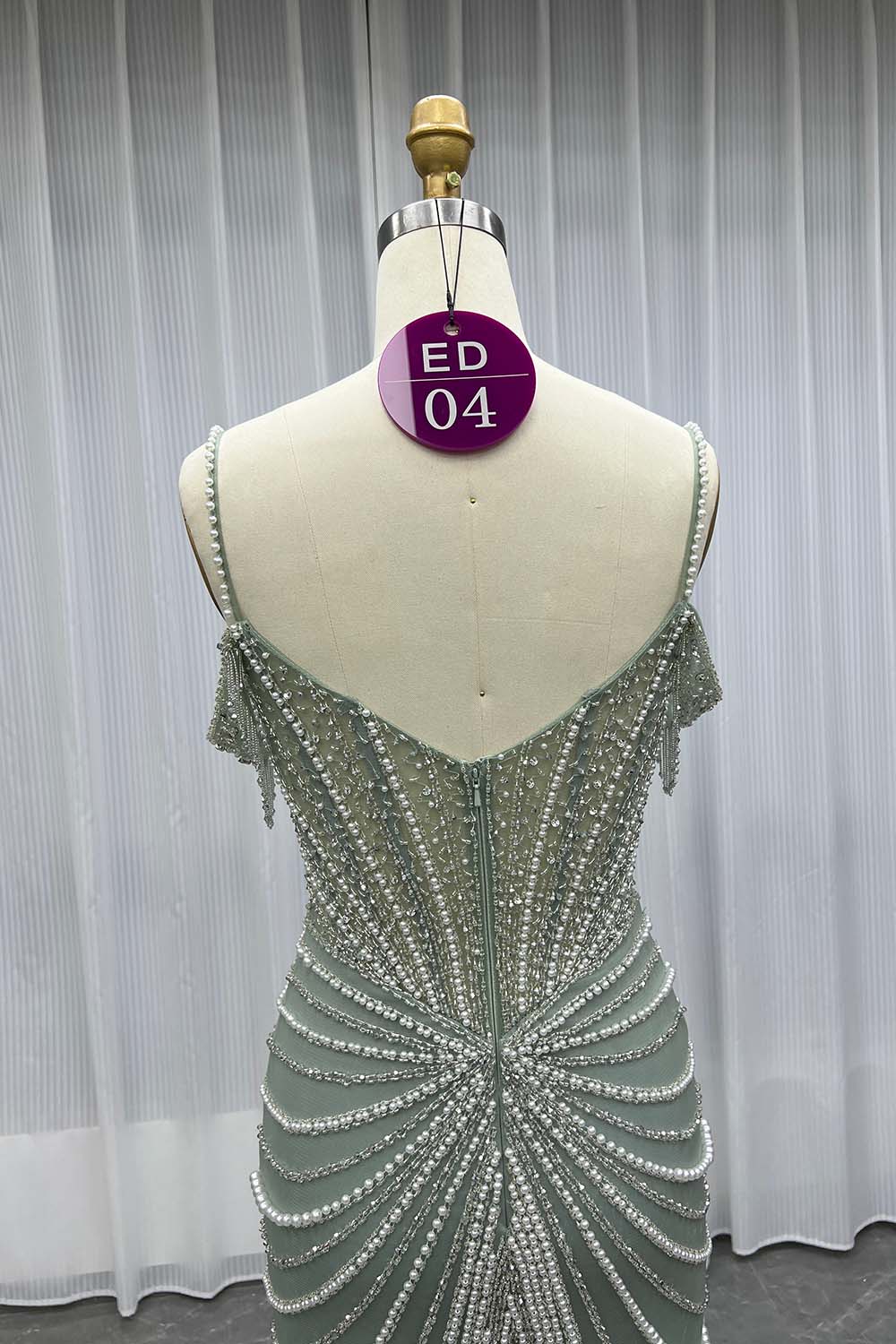 YQLNNE ED04 Sage Green Crystals Beaded Evening Dress With Removable Train