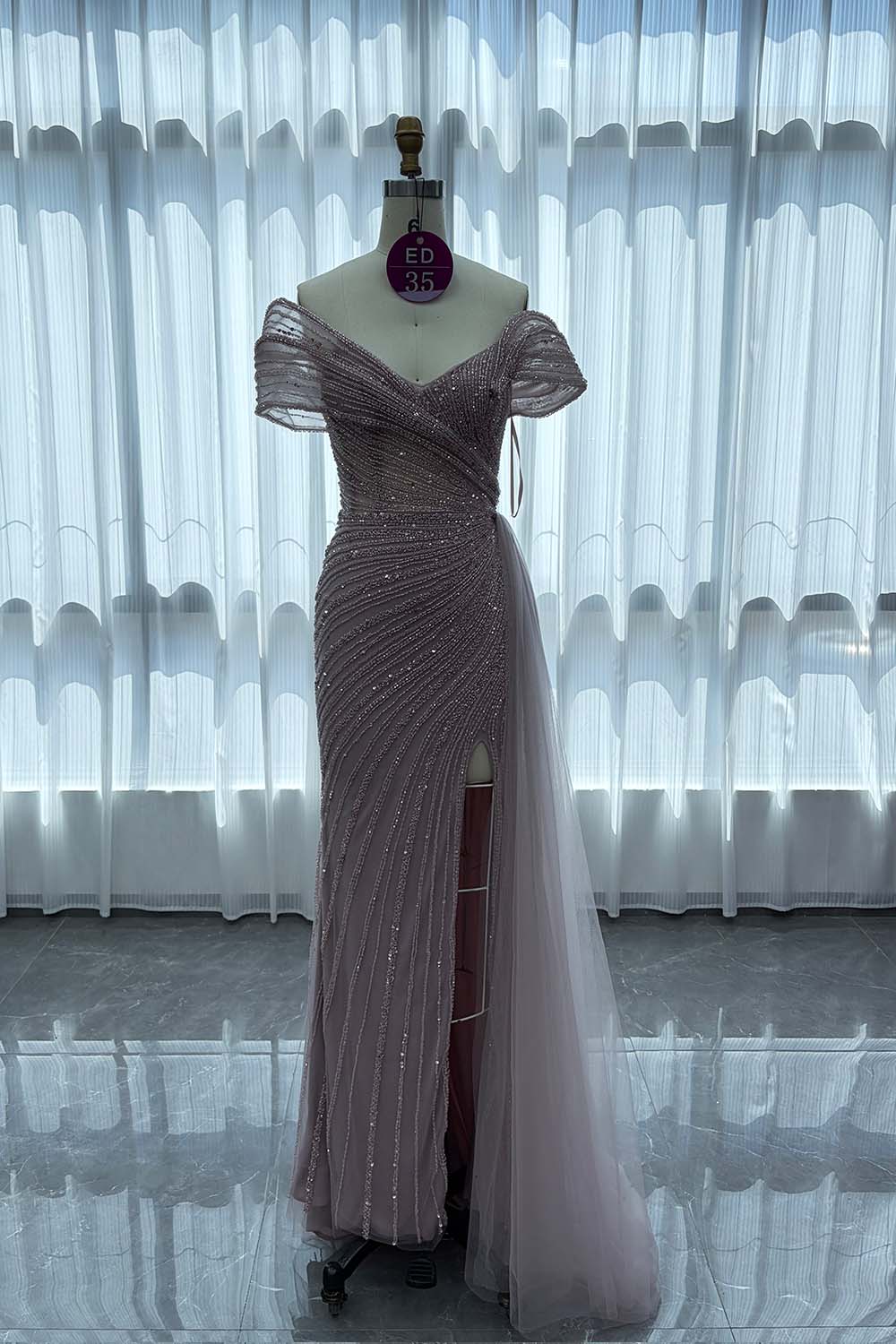 YQLNNE ED035 Off Shoulder Handmade Beaded Evening Dress Mermaid With Slit