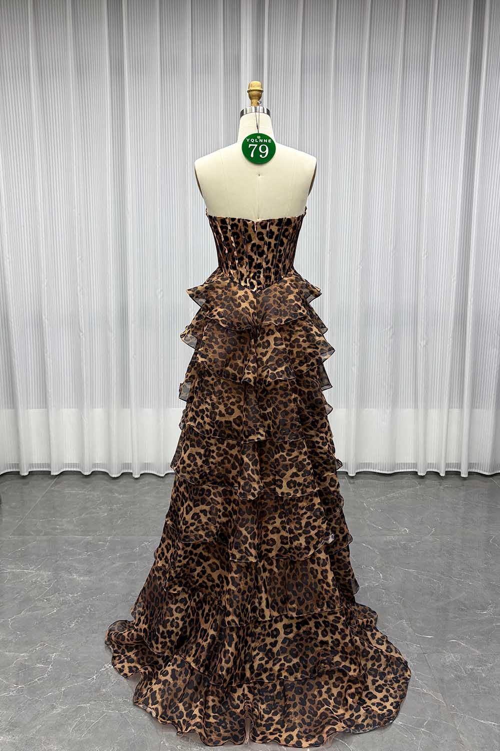 YQLNNE 079 Leopard Print Strapless Long Prom Dresses With Slit