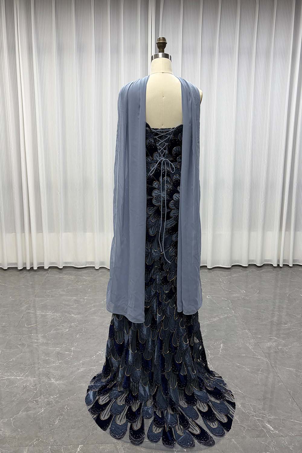 YQLNNE YQ7006 Modest Black Beaded Evening Dress With Scarf