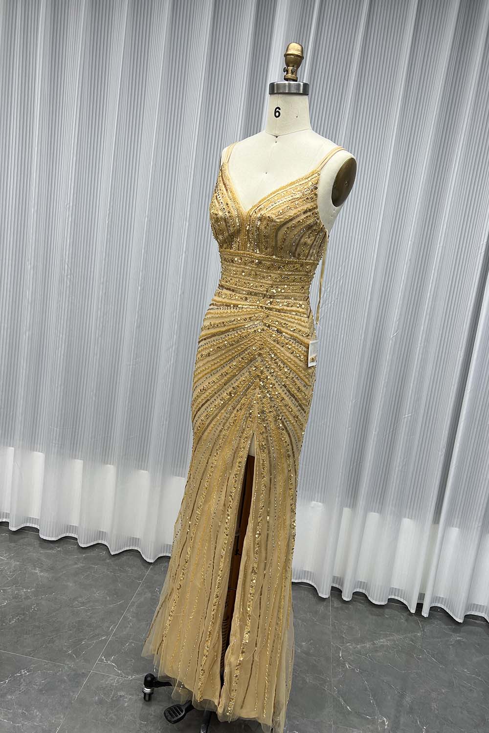 Sexy Gold Beaded High Slit Evening Dress Long Mermaid Formal Party Gown