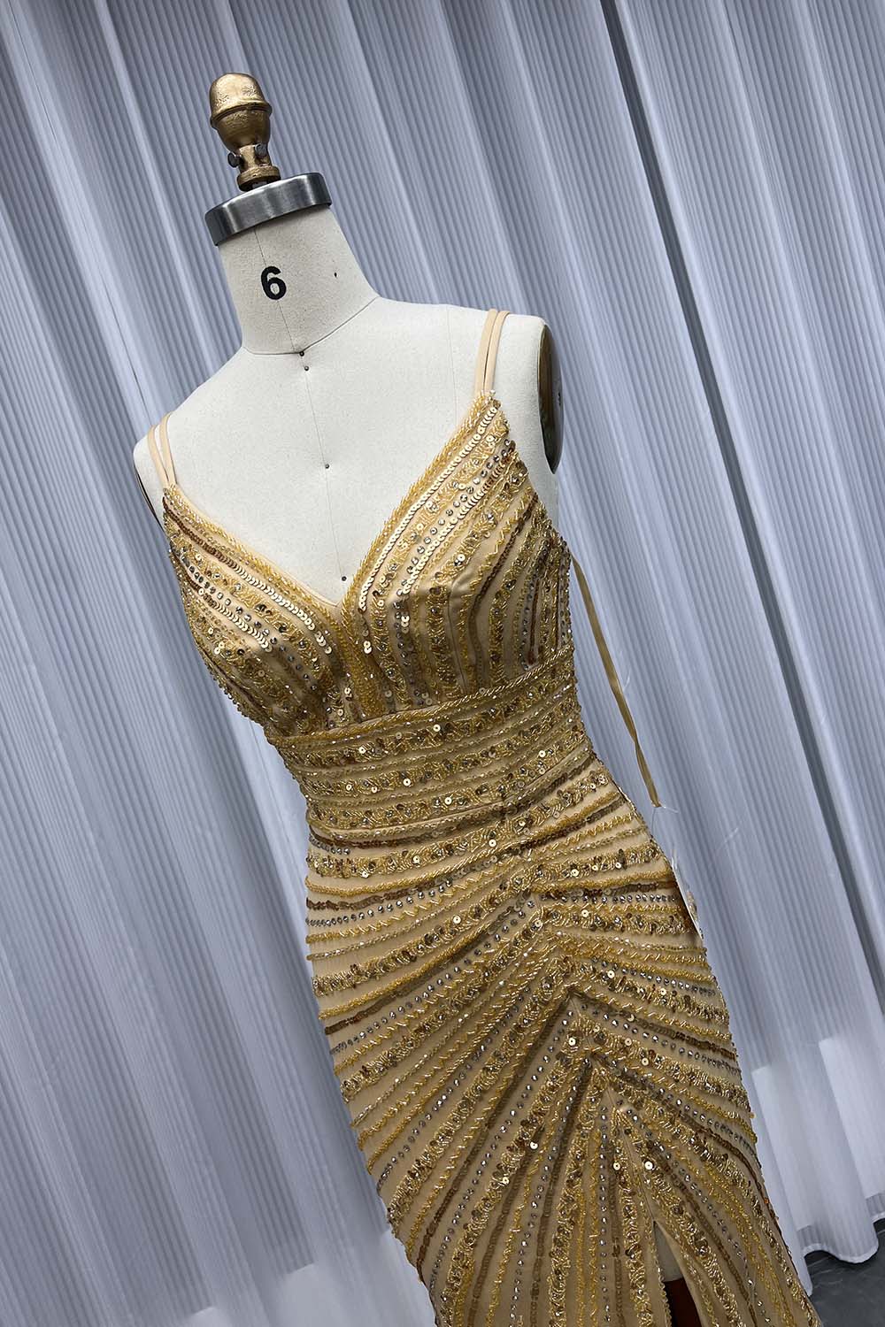 Sexy Gold Beaded High Slit Evening Dress Long Mermaid Formal Party Gown