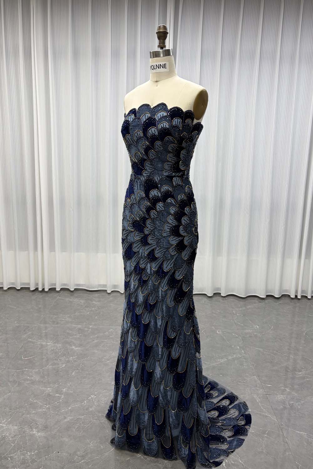 YQLNNE YQ7006 Modest Black Beaded Evening Dress With Scarf