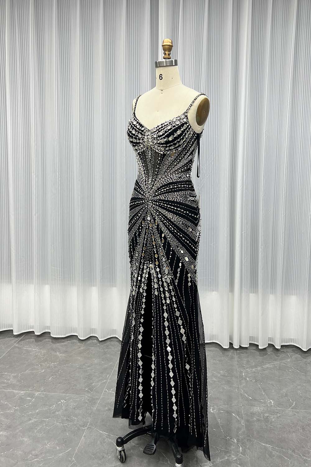 Gorgeous Black Crystals Pageant Evening Gown Long Slit Strapless Women Party Dress