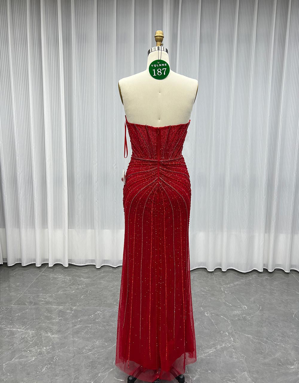 YQLNNE 0187 Red Cap Sleeves Evening Dress Crystals Beaded Luxury Gown