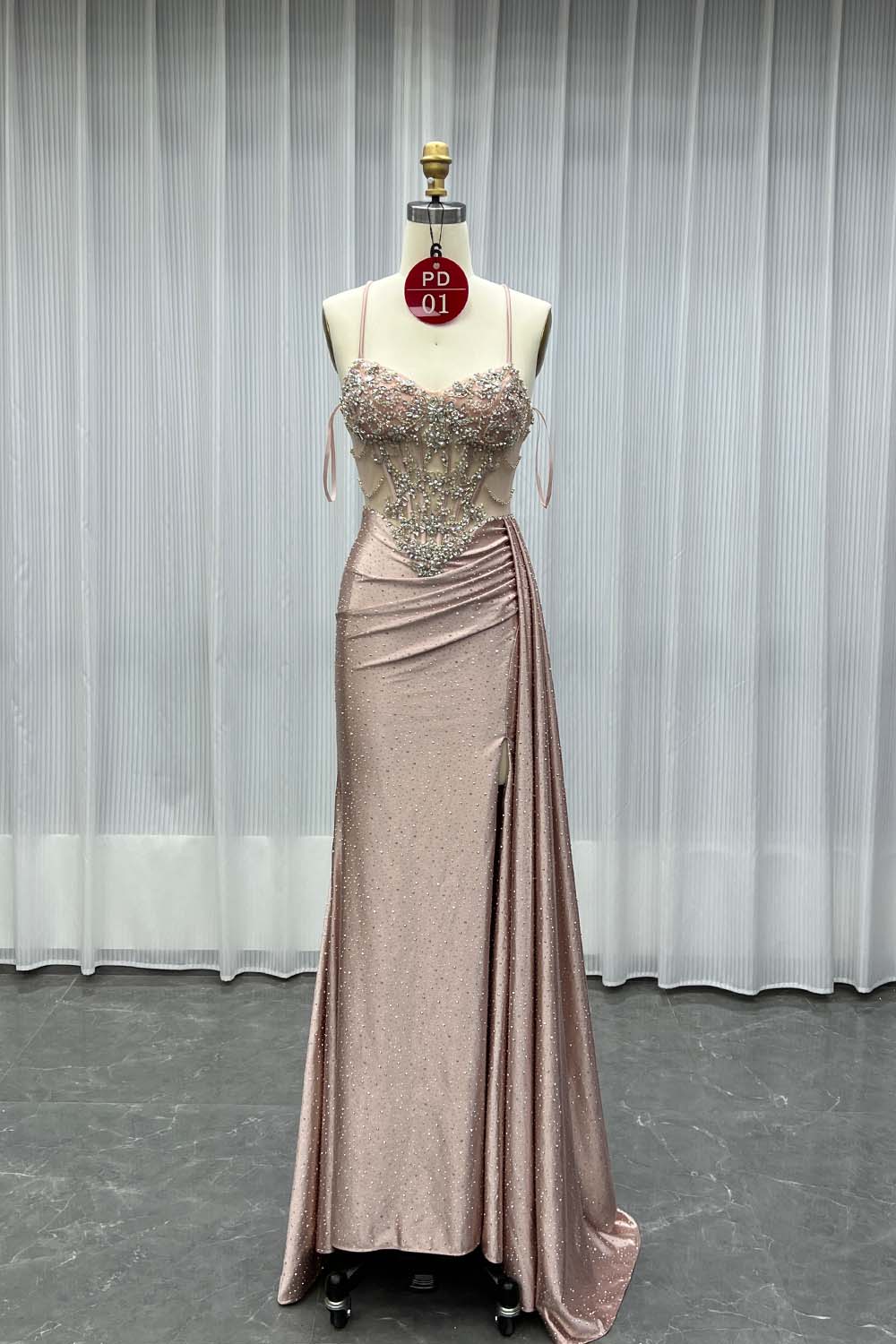 YQLNNE PD01 Champagne Straps Crystals Long Prom Dresses Lace-up Back