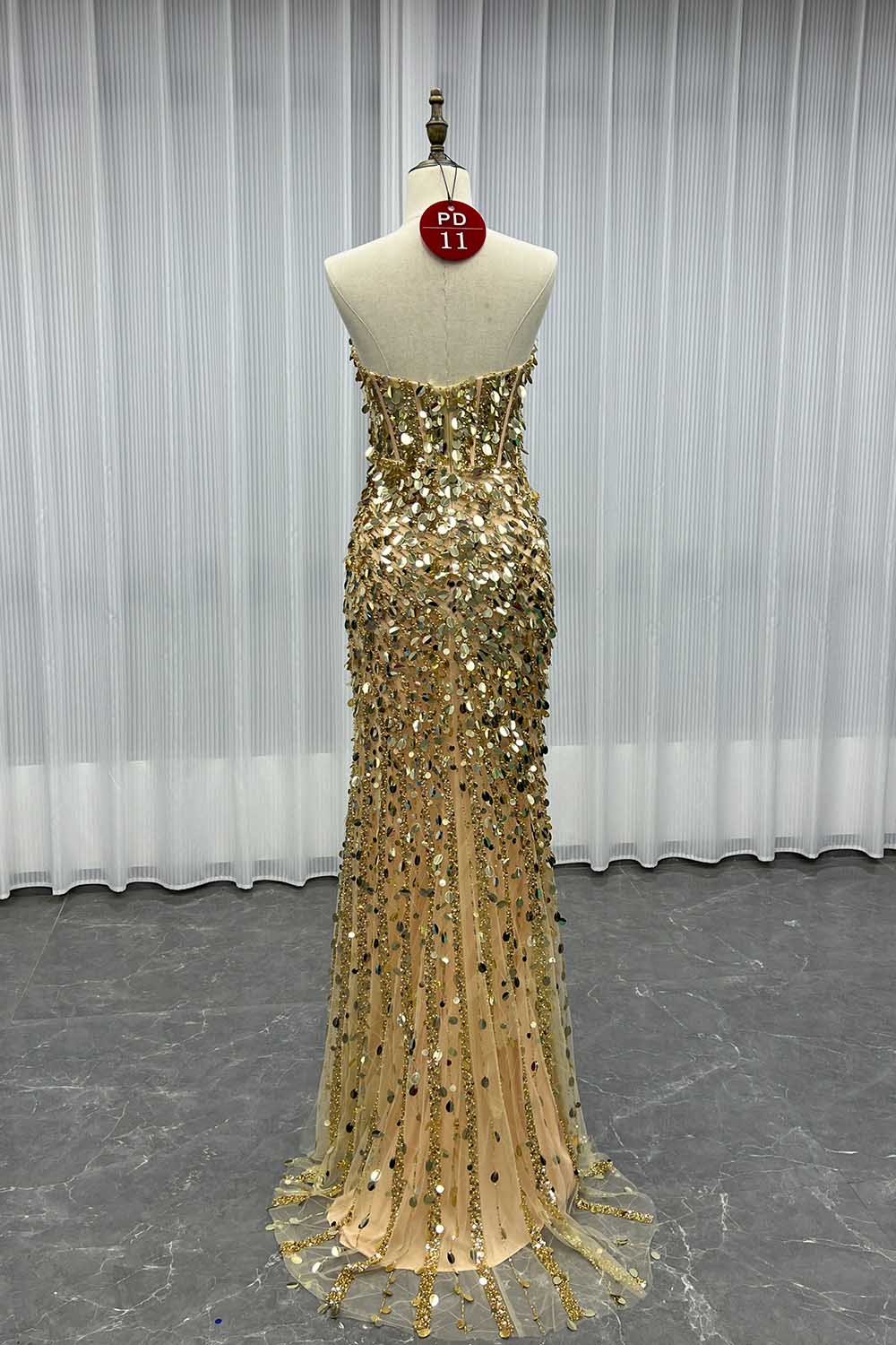 YQLNNE PD011 Sparkly Gold Sequins Beading Long Prom Dress With Slit