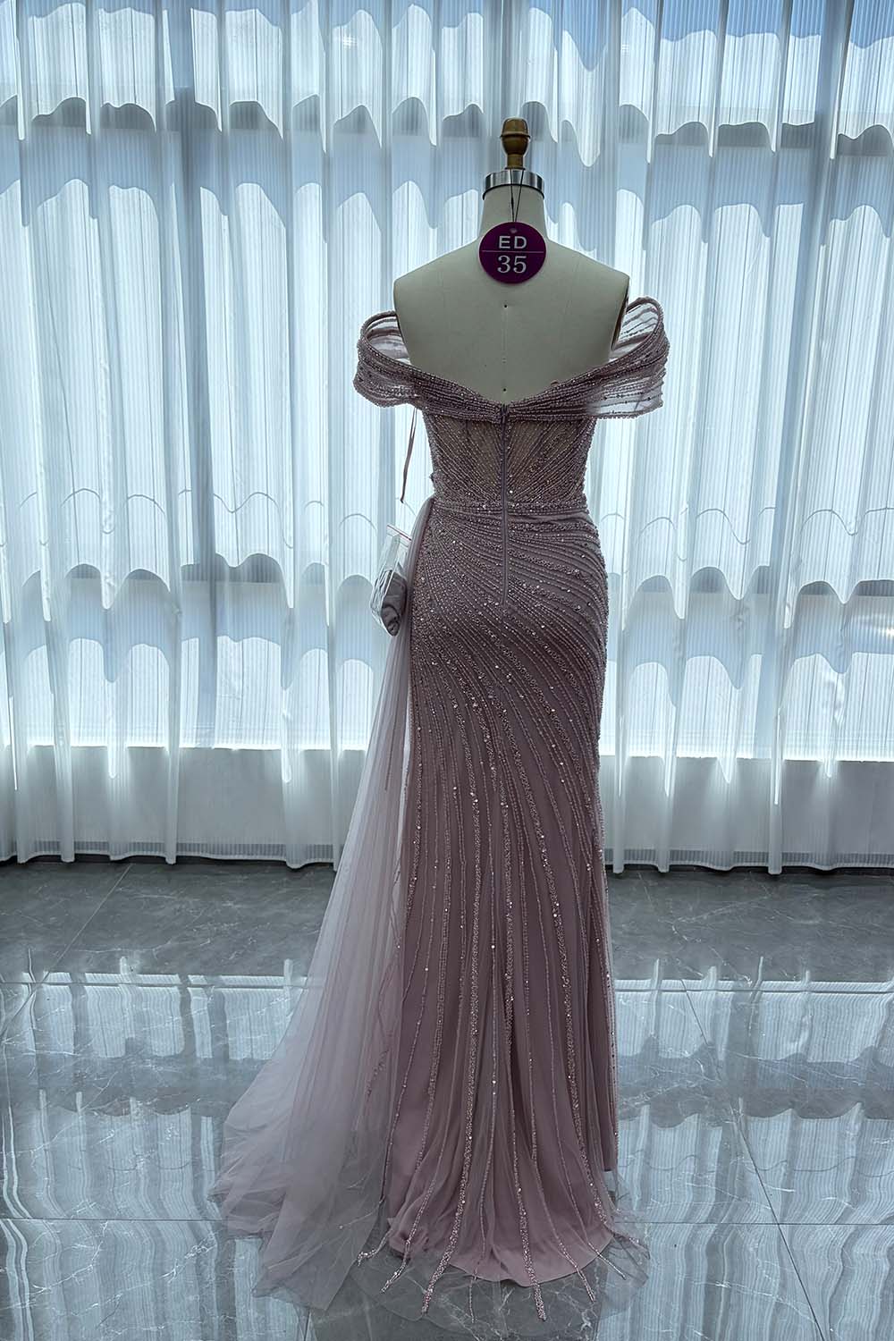 YQLNNE ED035 Off Shoulder Handmade Beaded Evening Dress Mermaid With Slit