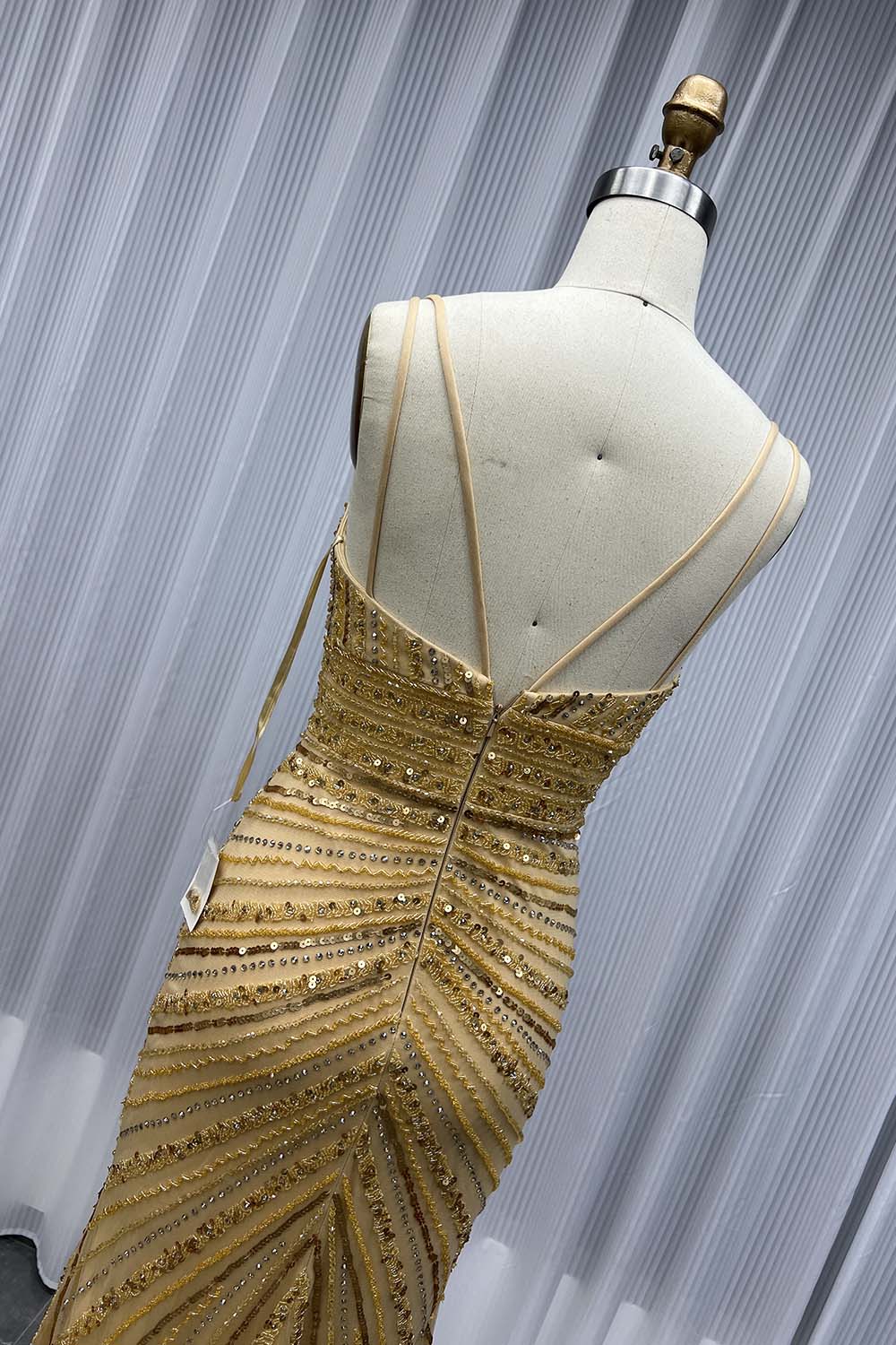 Sexy Gold Beaded High Slit Evening Dress Long Mermaid Formal Party Gown