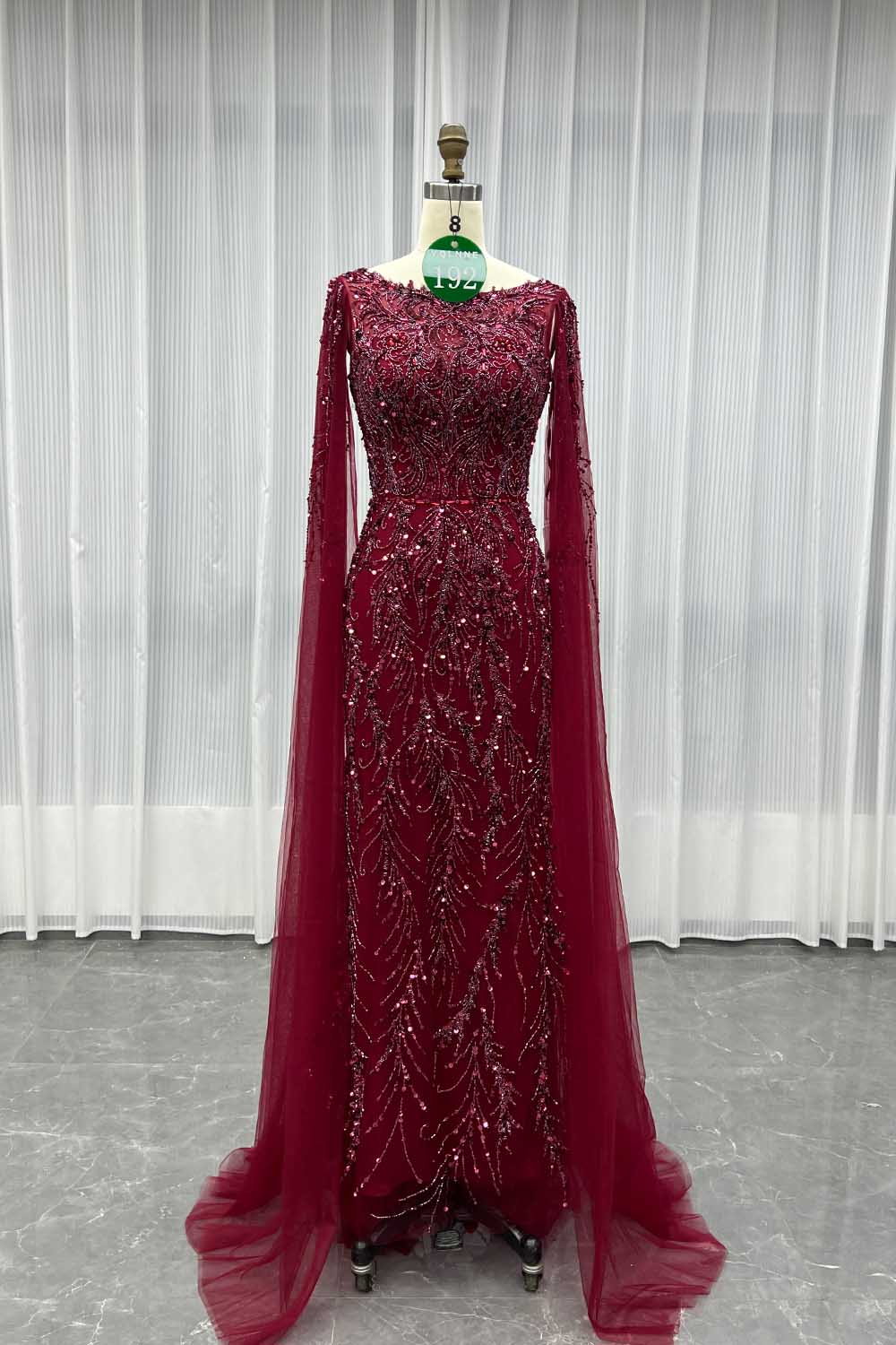 YQLNNE 0192 Burgundy Handmade Crystals Beaded Evening Dress With Long Cape Sleeves