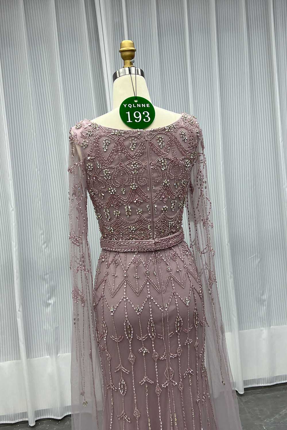 YQLNNE 0193 Modest Nude Square Collar Evening Dress With Handmade Crystals Beaded