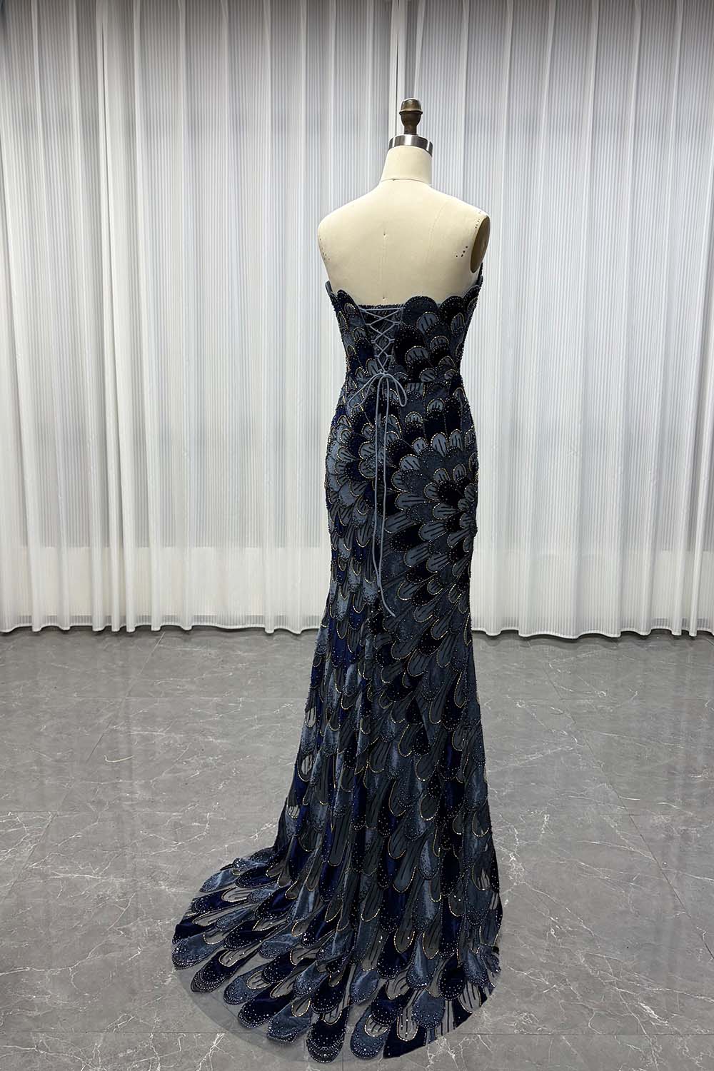 YQLNNE YQ7006 Modest Black Beaded Evening Dress With Scarf