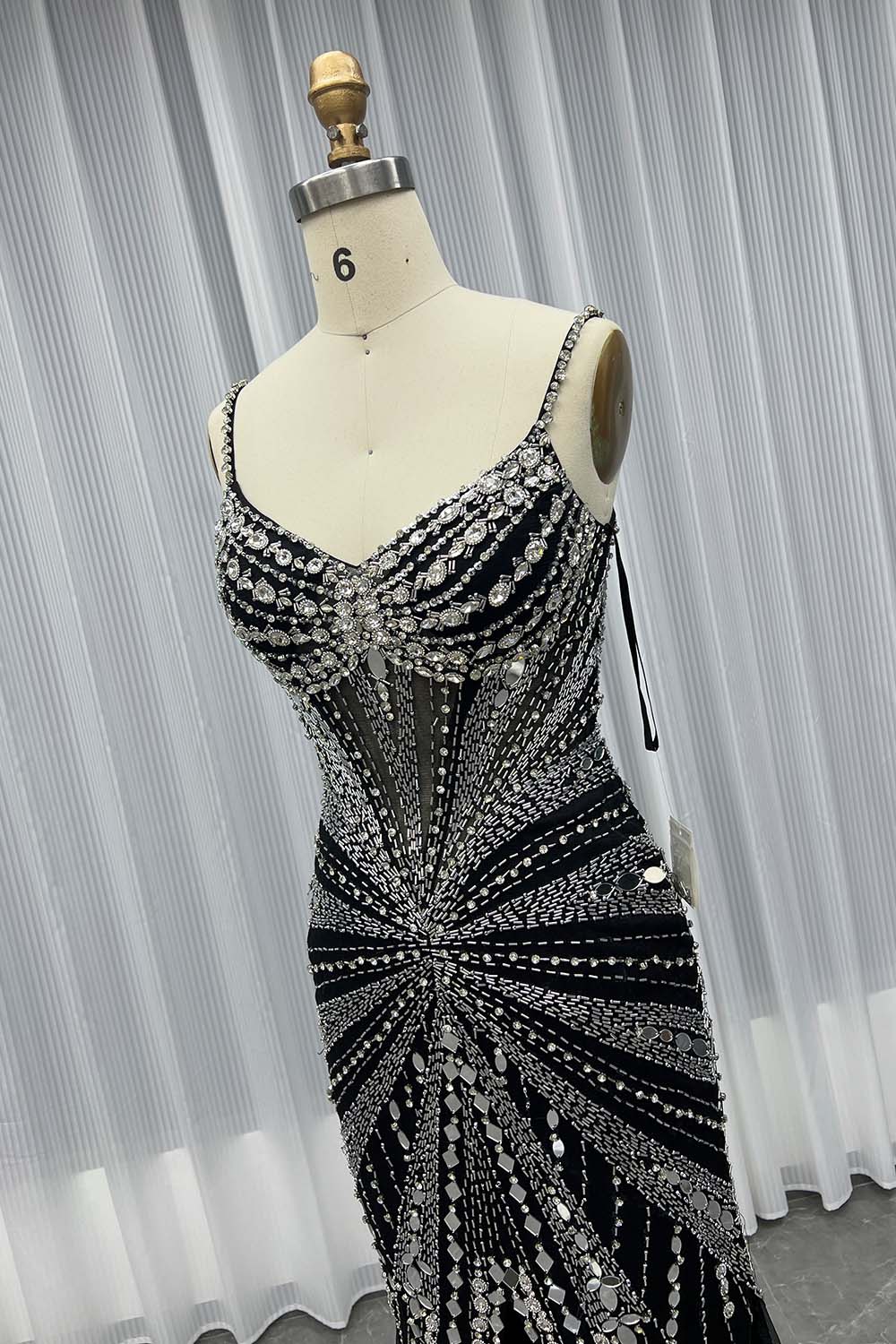 Gorgeous Black Crystals Pageant Evening Gown Long Slit Strapless Women Party Dress