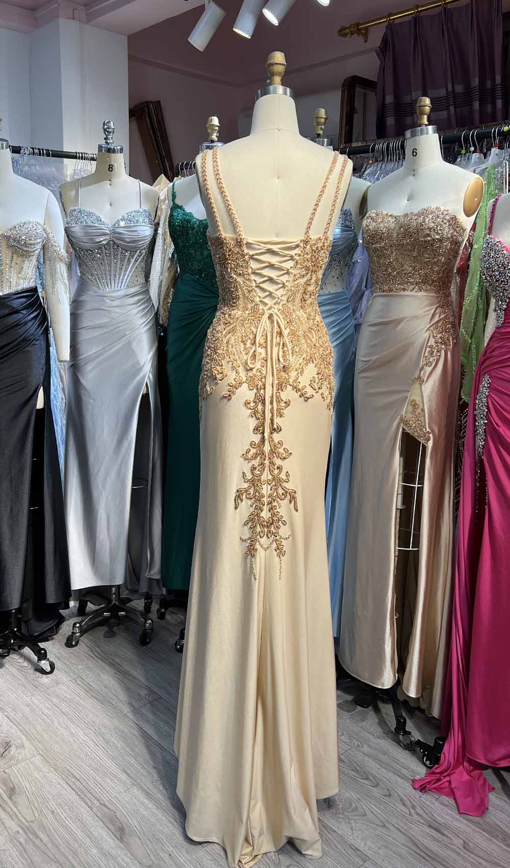 YQLNNE Gold High Slit Beading Prom Dresses Long Spaghetti Sequined Spandex Mermaid Evening Gown Lace-up