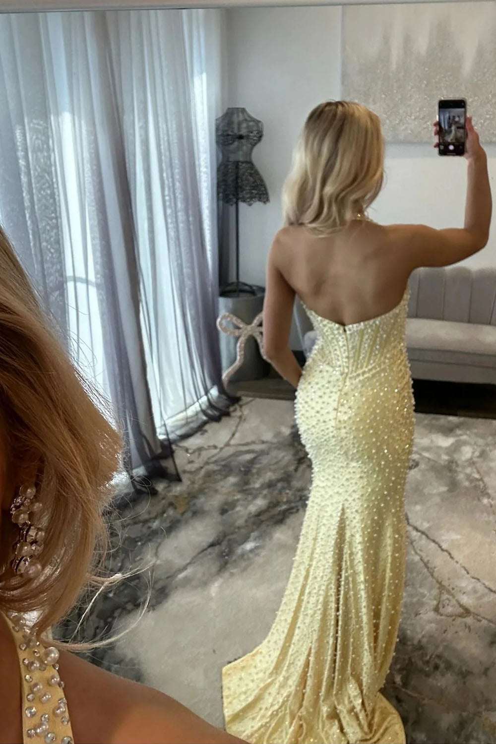 Gorgeous Light Blue Halter Mermaid Slit Prom Dress With Beaded Pearls