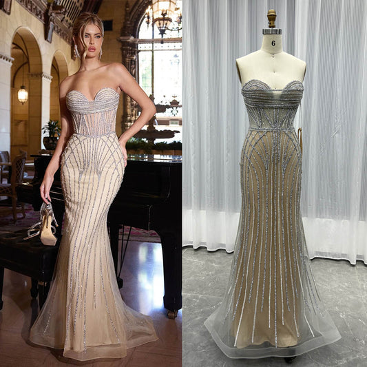 Luxury Silver Nude Crystals Evening Dress Long Mermaid Formal Gown