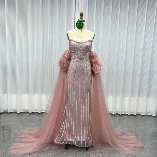 YQLNNE 0128 Luxury Pink Crystals Evening Party Gown With Removable Tulle Sleeves
