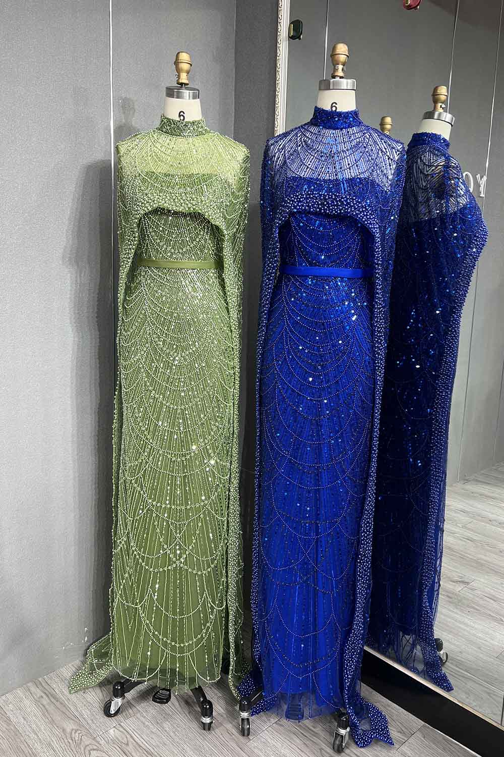 YQLNNE 3007 Royal Blue Pearls Beaded Evening Dress Mermaid