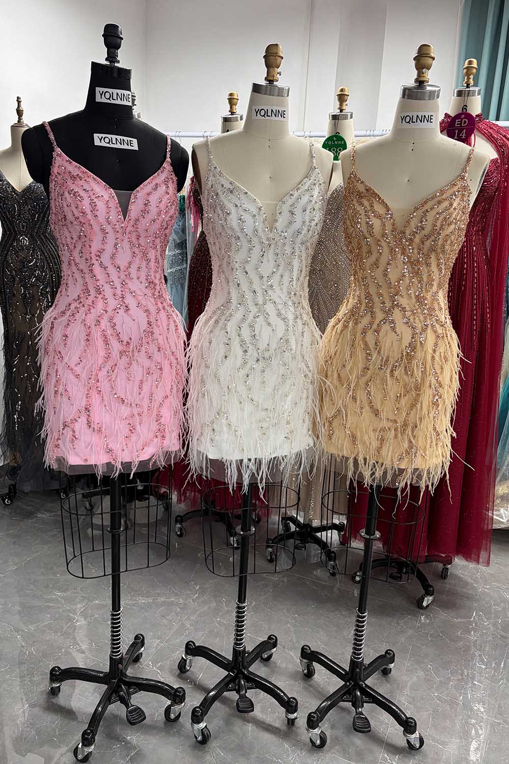 YQLNNE YQ3002 Pink Short Feathers Evening Dress With Handmade Crystals Beaded
