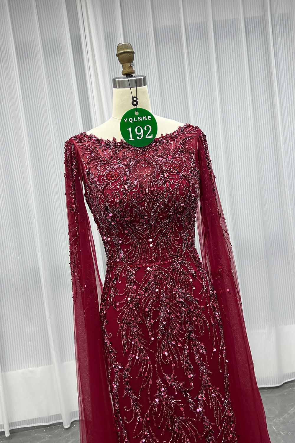 YQLNNE 0192 Burgundy Handmade Crystals Beaded Evening Dress With Long Cape Sleeves