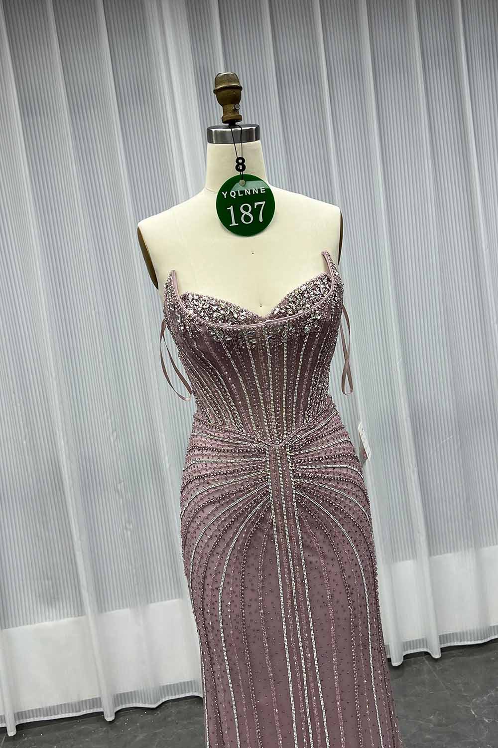 YQLNNE 0187 Pink Crystals Evening Dress With Removable Shawl