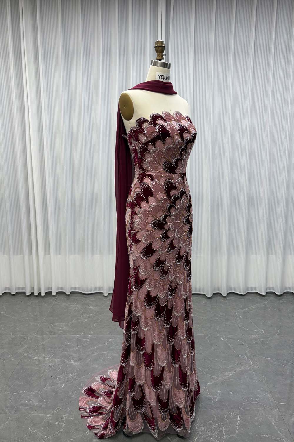 YQLNNE YQ7006 Modest Black Beaded Evening Dress With Scarf