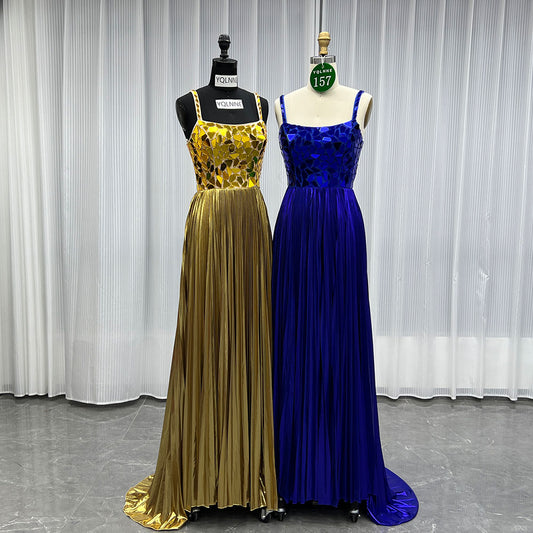 YQLNNE 0157 Gold Lens Long Prom Dress Straps Lace-up Back